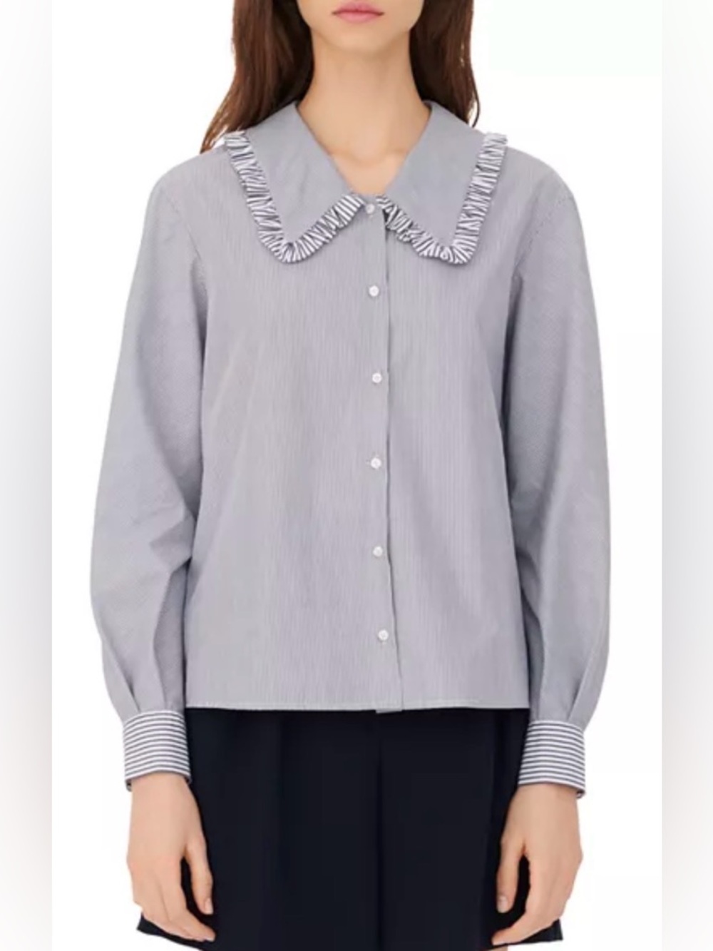Maje Cival Button Down Collared Striped Blouse with Ruffle Detail - size 1/small